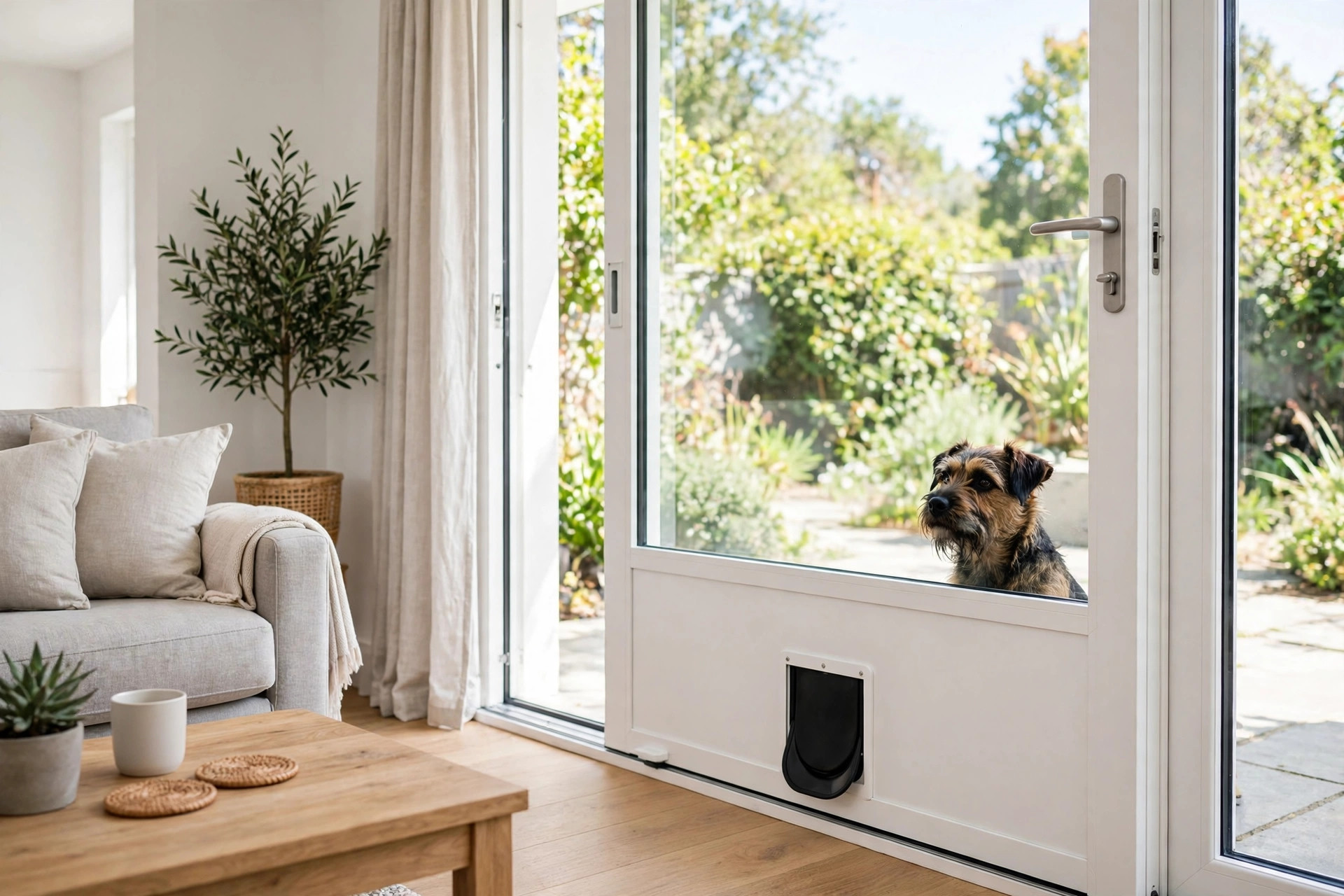 Sliding patio door pet panel insert with a built-in dog flap in a modern living room.