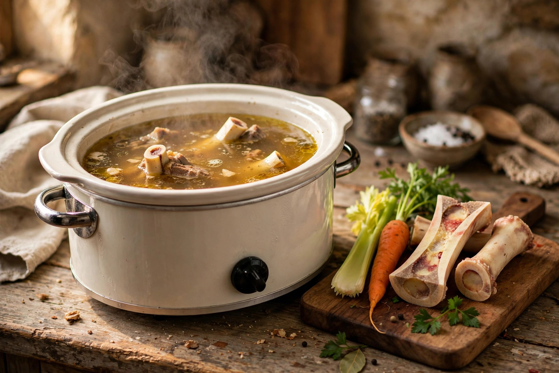 Slow cooker of simmering homemade bone broth with beef bones, carrot and celery.