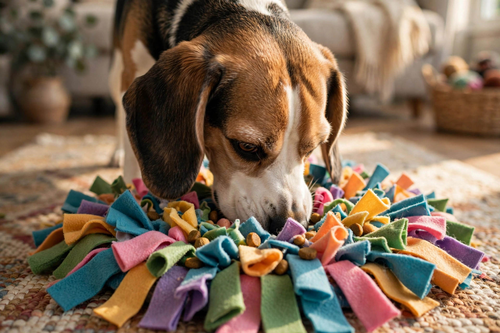 Beagle foraging for kibble in a colourful snuffle mat.