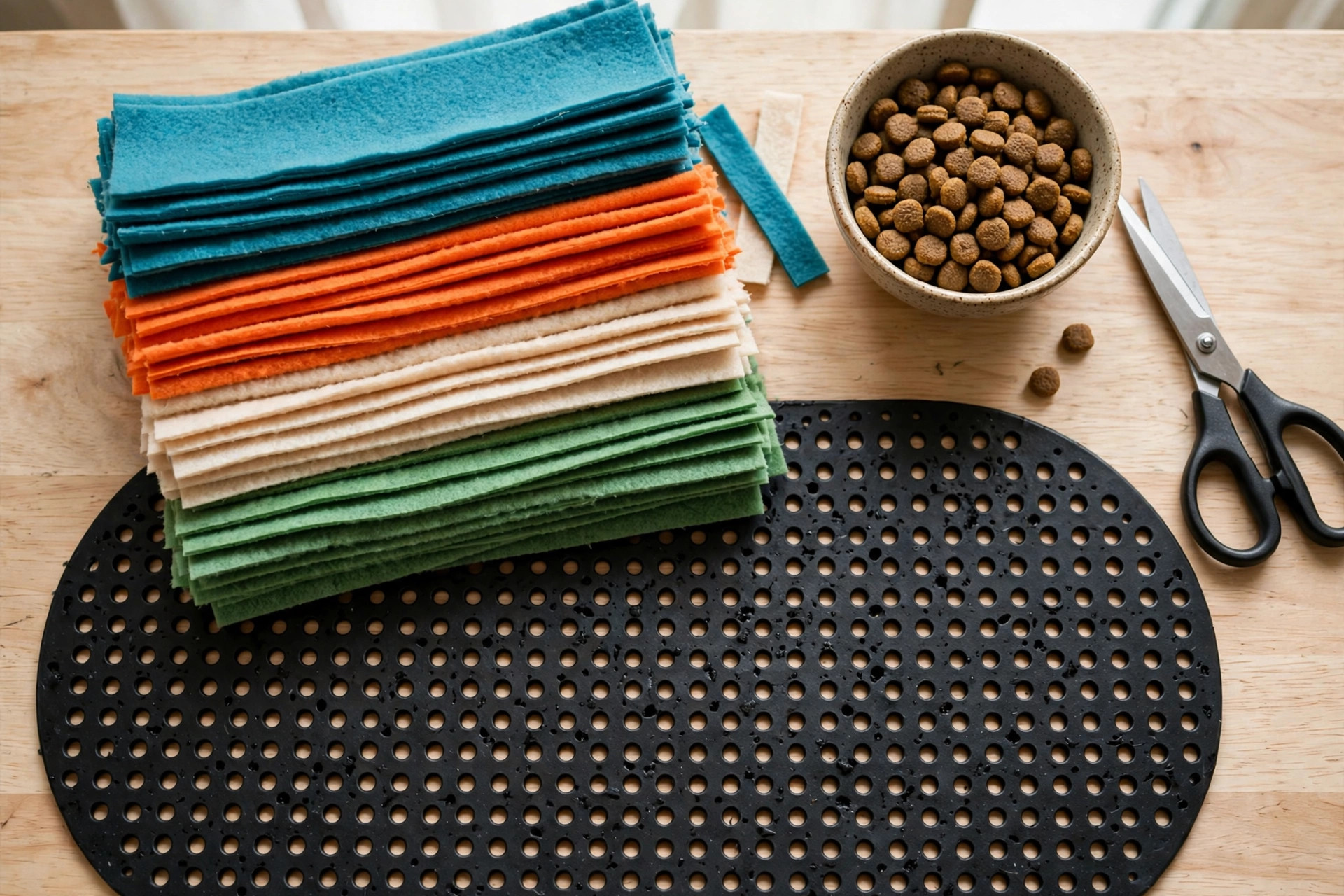 Fleece fabric strips, a perforated rubber sink mat, scissors and a bowl of kibble for making a DIY snuffle mat.