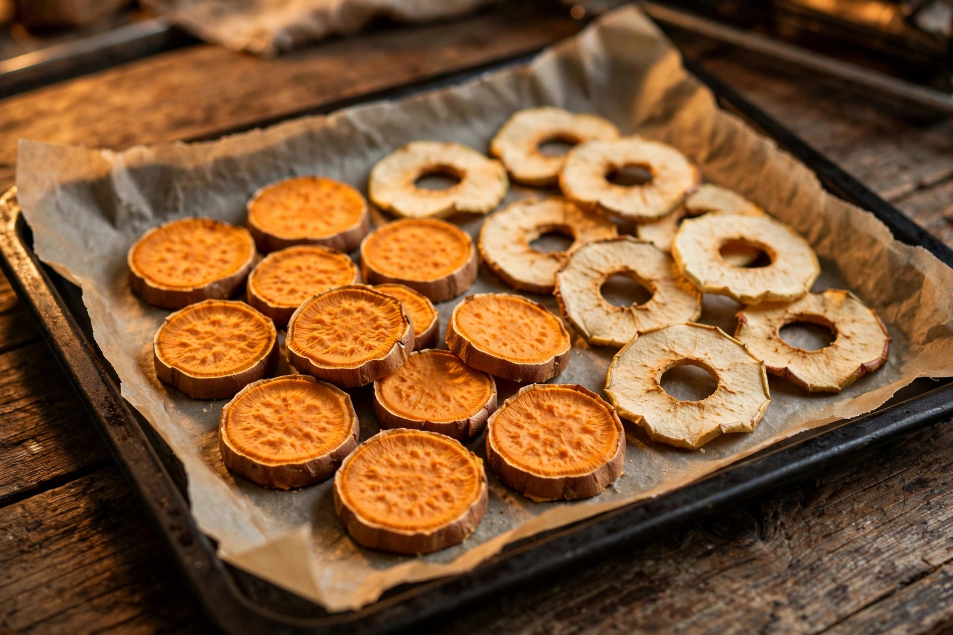 Sweet potato chews and dried apple rings on a baking tray.