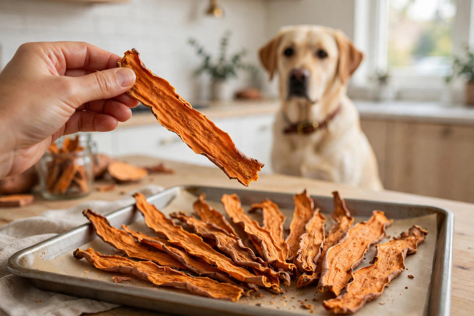 Homemade dehydrated sweet potato dental chews for dogs.