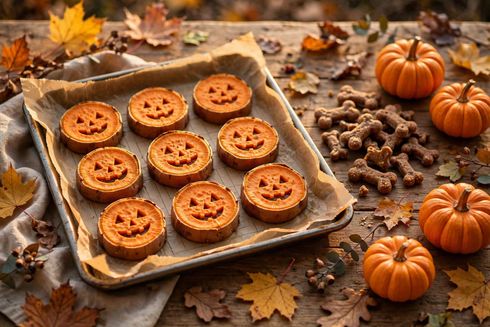 Sweet potato jack-o'-lantern dog chews with carved faces on a baking tray