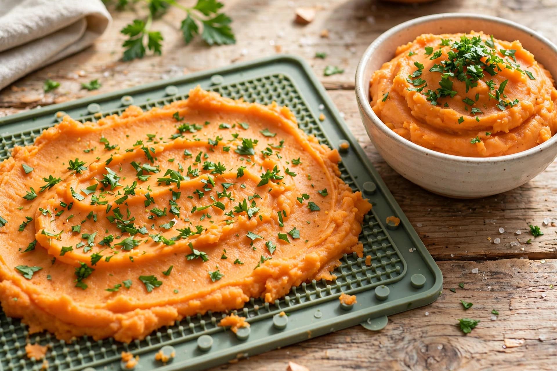 Sweet potato mash with fresh parsley spread on a lick mat