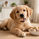 Golden retriever puppy chewing a homemade frozen teething treat in a bright kitchen.