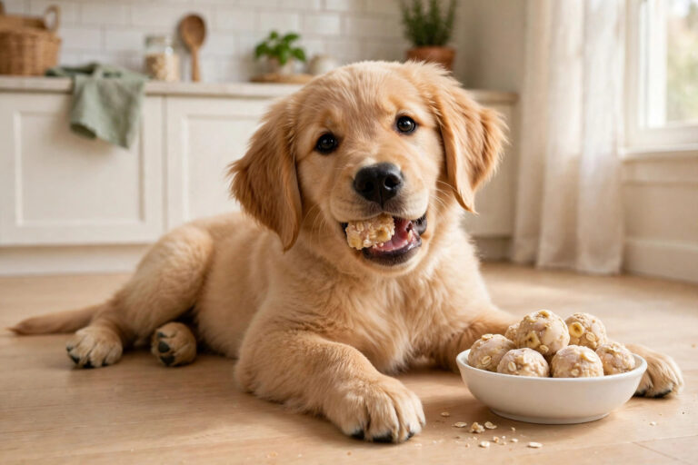 Golden retriever puppy chewing a homemade frozen teething treat in a bright kitchen.