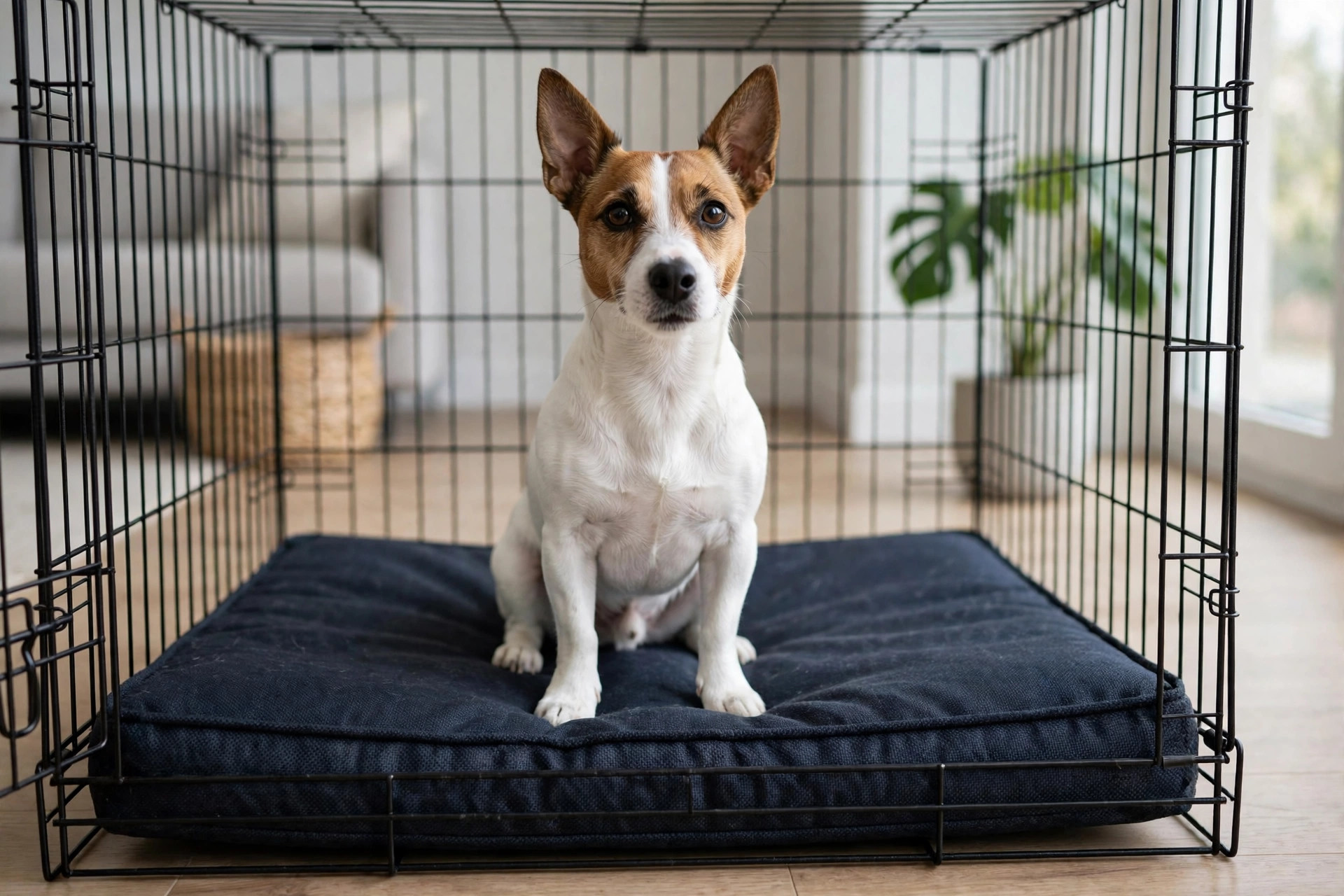 Jack Russell terrier sitting on a chew-proof flat crate bed inside a crate.