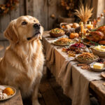 Golden retriever beside a Thanksgiving table with a small plate of dog-safe turkey and pumpkin.