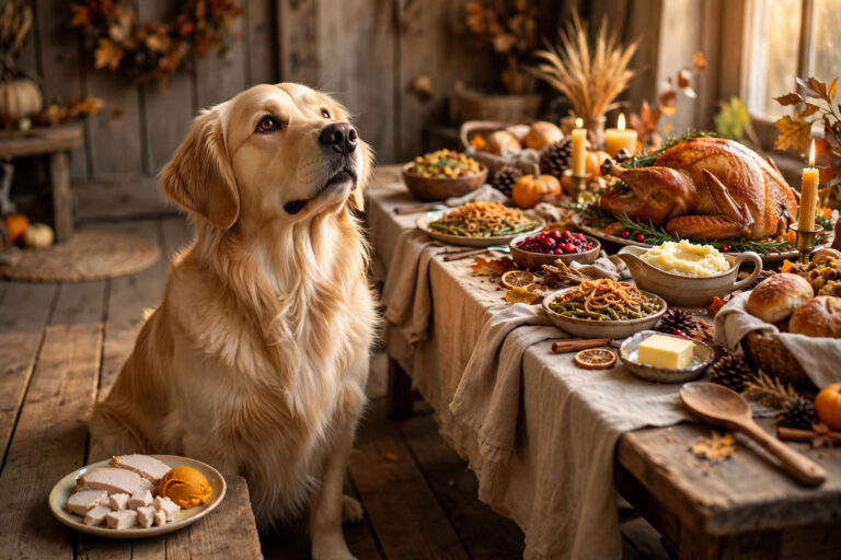 Golden retriever beside a Thanksgiving table with a small plate of dog-safe turkey and pumpkin.