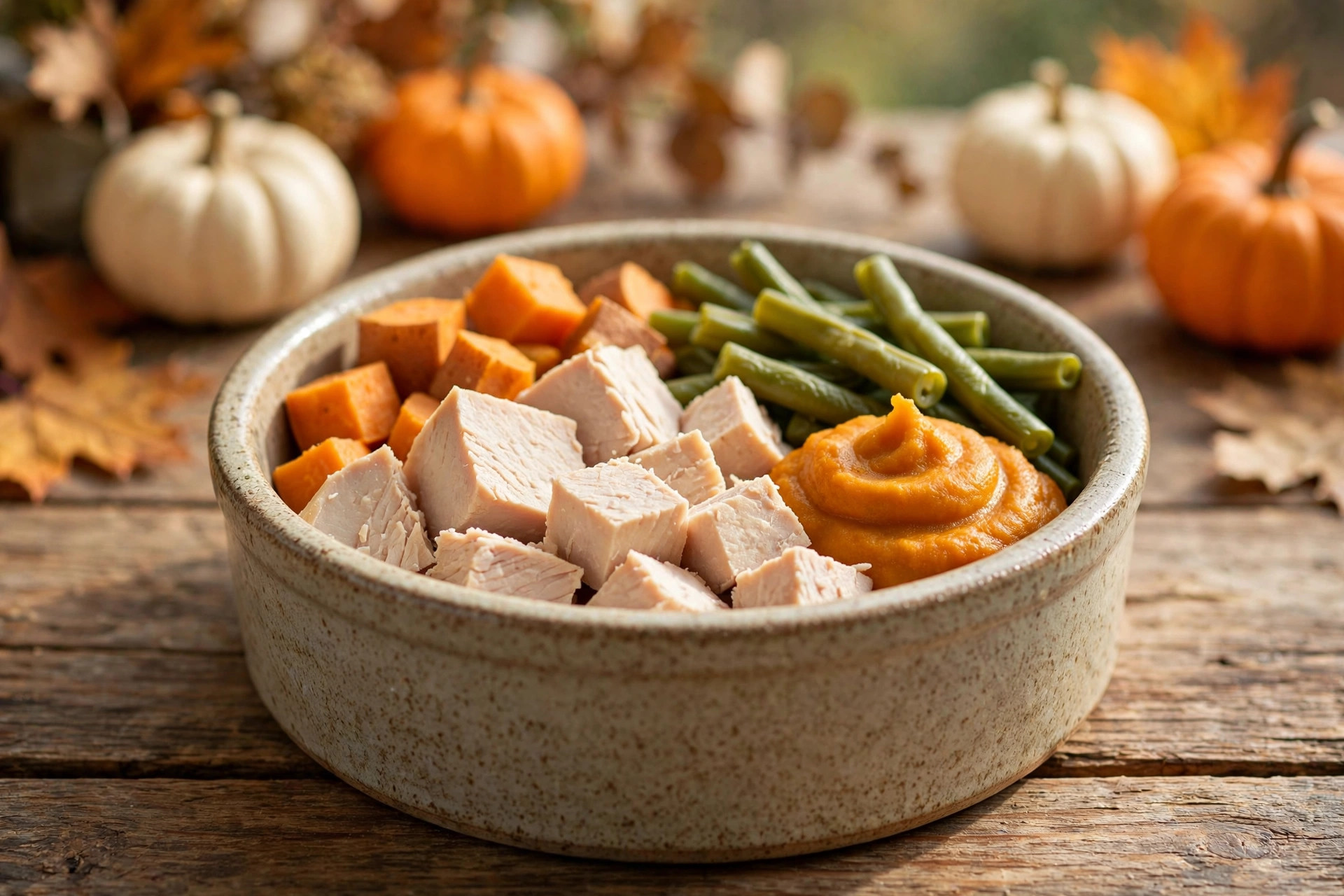 Dog-safe Thanksgiving foods — plain turkey, pumpkin, green beans and sweet potato in a bowl.