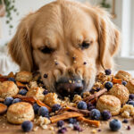 Golden retriever choosing from a board of homemade 3-ingredient dog treats in a kitchen.