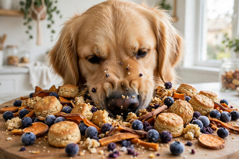 Golden retriever choosing from a board of homemade 3-ingredient dog treats in a kitchen.