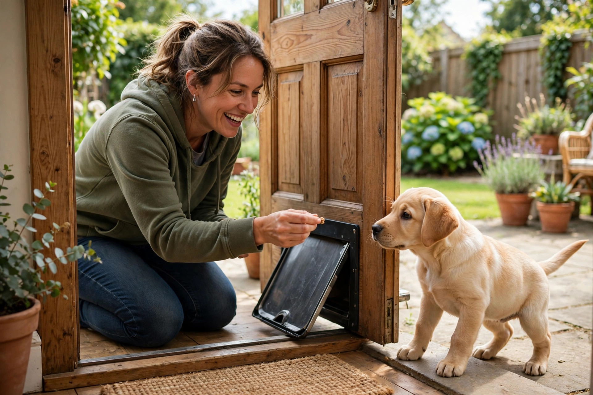 Owner luring a labrador puppy through an open dog flap with a treat.