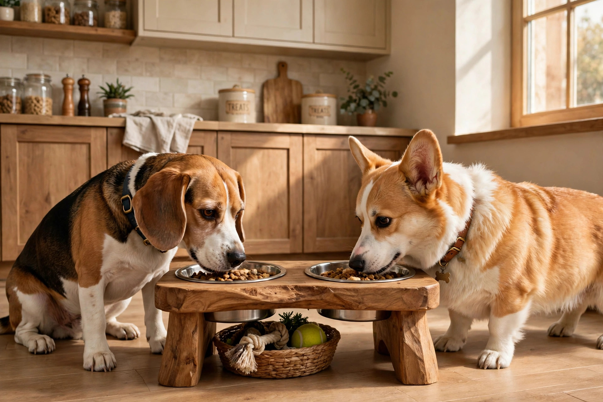 Beagle and corgi eating from a wooden raised dog feeder station in a kitchen.
