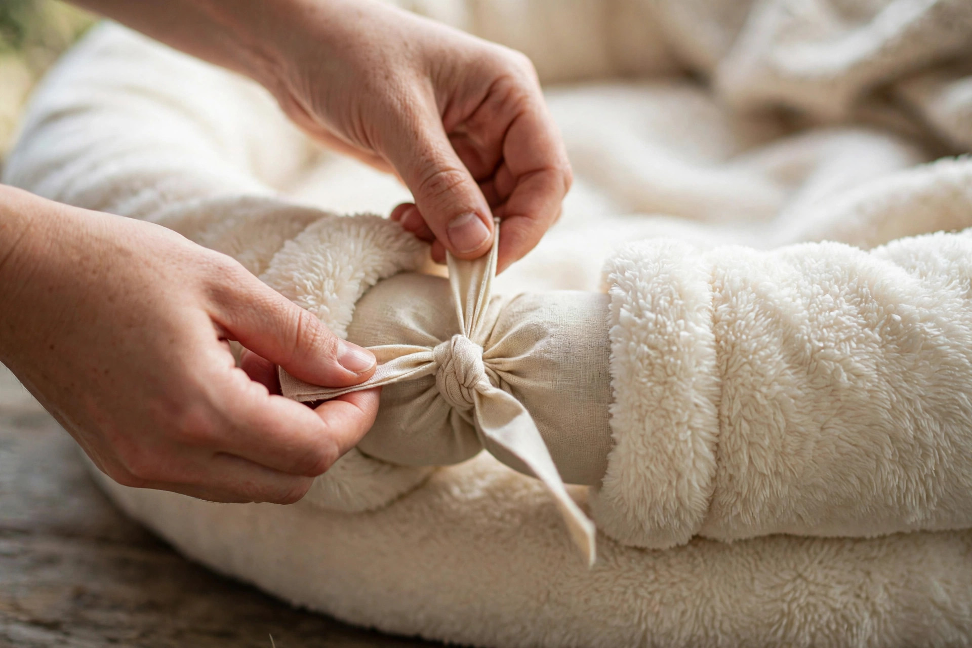 Hands tying a fabric strip knot around a blanket bolster ring for a no-sew dog bed.