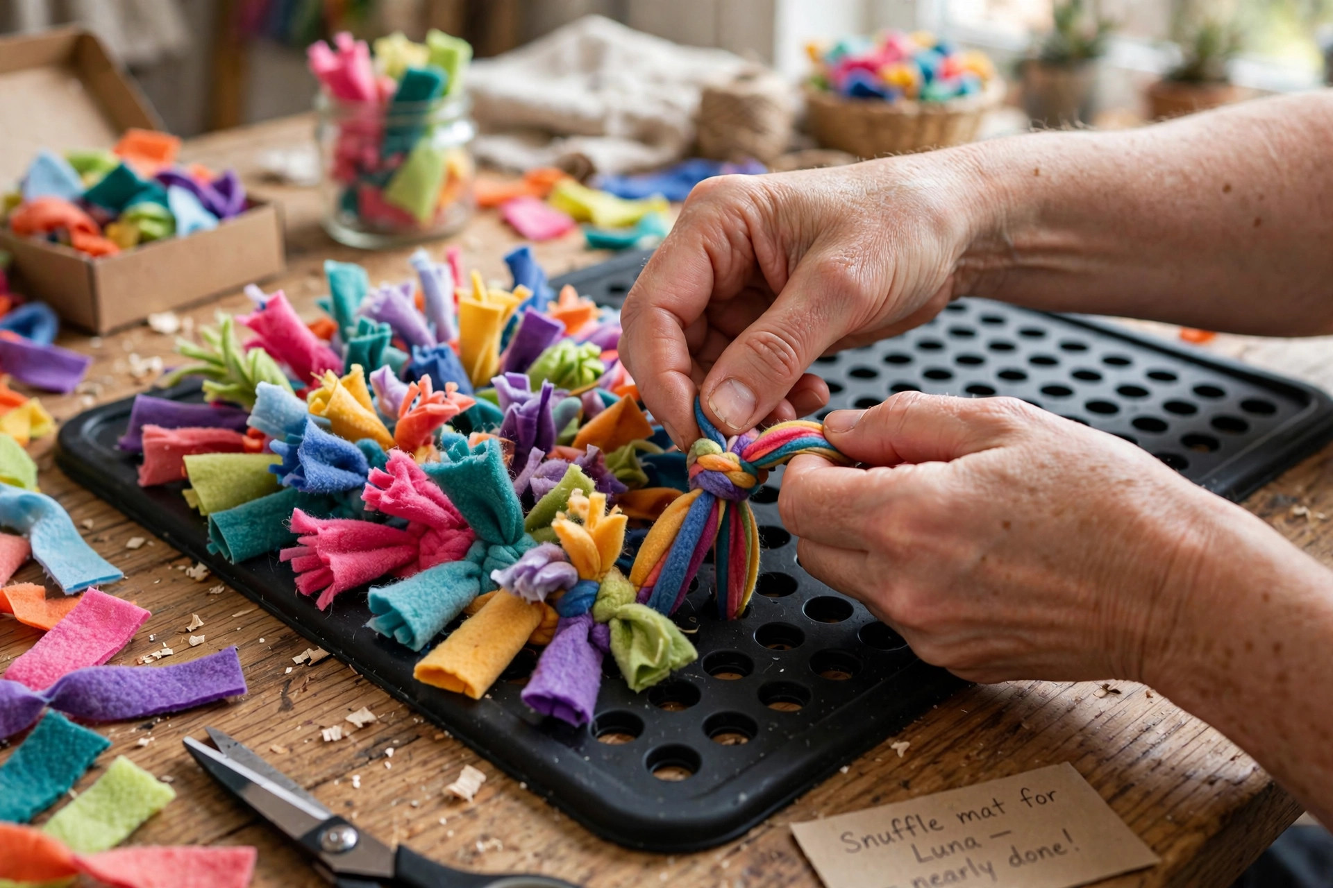 Hands knotting fleece strips through the holes of a rubber sink mat to make a snuffle mat.