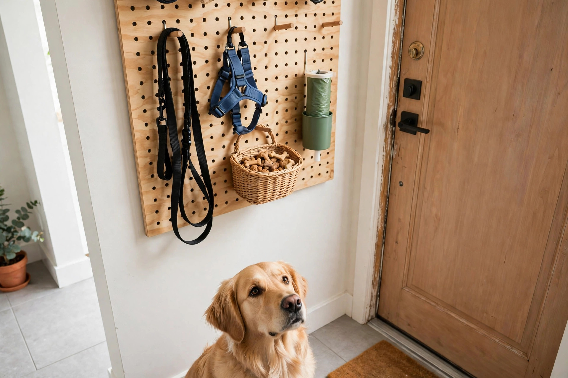 Pegboard wall with dog leash, harness and treat basket by an apartment front door.