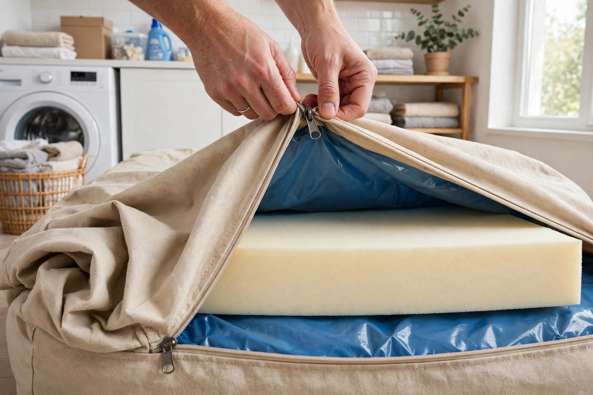 Removable canvas cover being unzipped from an orthopedic dog bed, revealing the waterproof liner.
