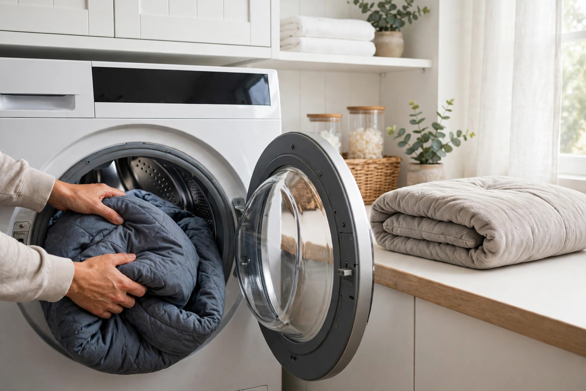 Loading a dog bed cover into a washing machine.