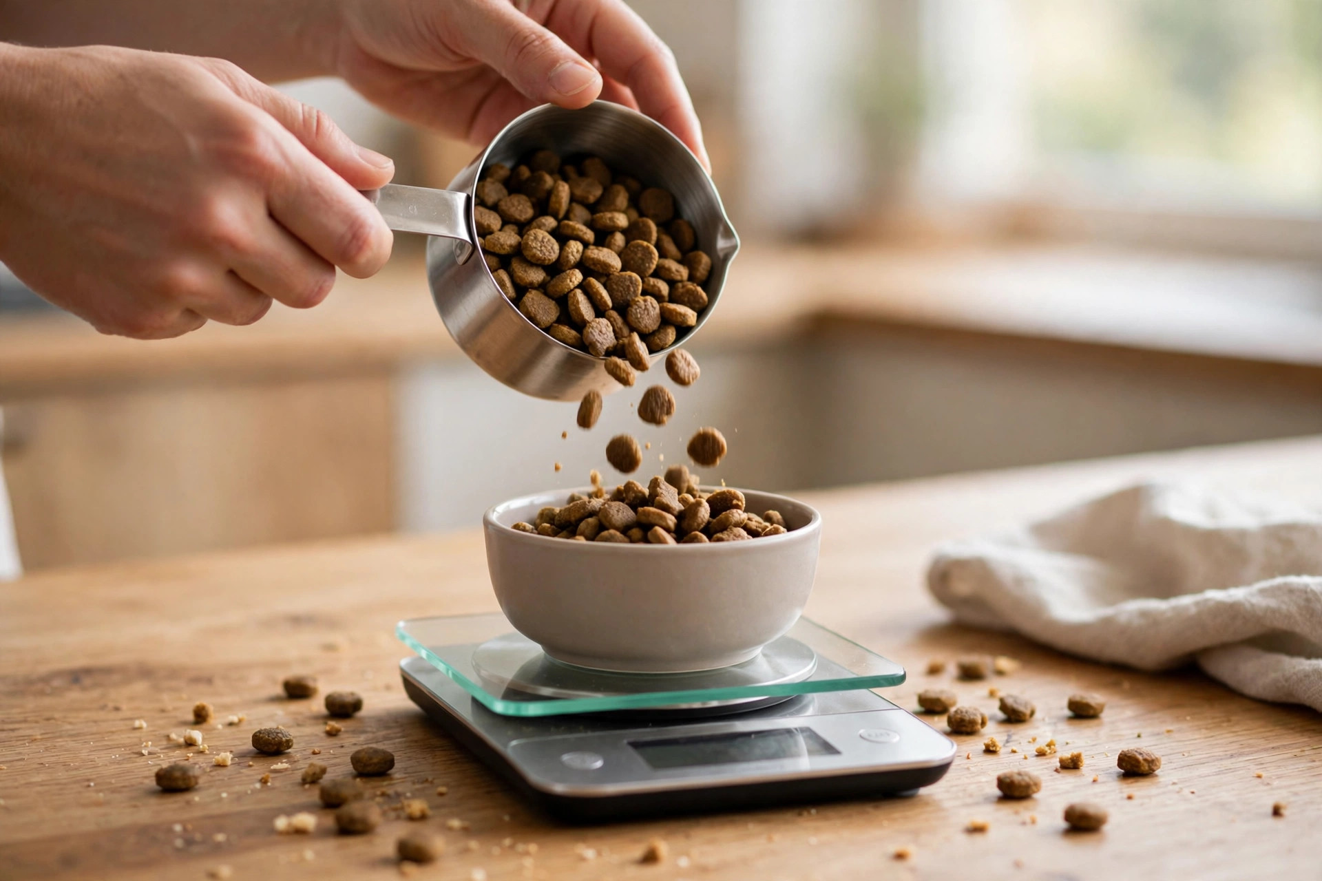 Pouring dog kibble from a measuring cup onto a digital kitchen scale to weigh portions.