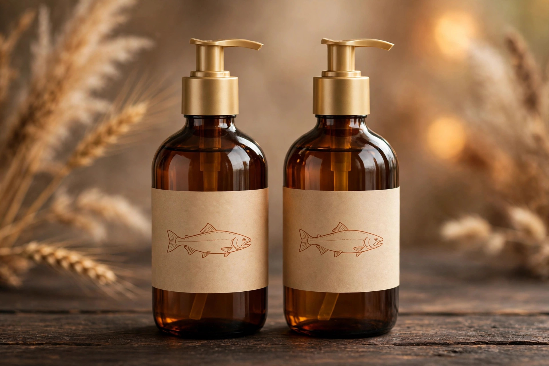 Two dark pump bottles of wild salmon oil on dark wood.
